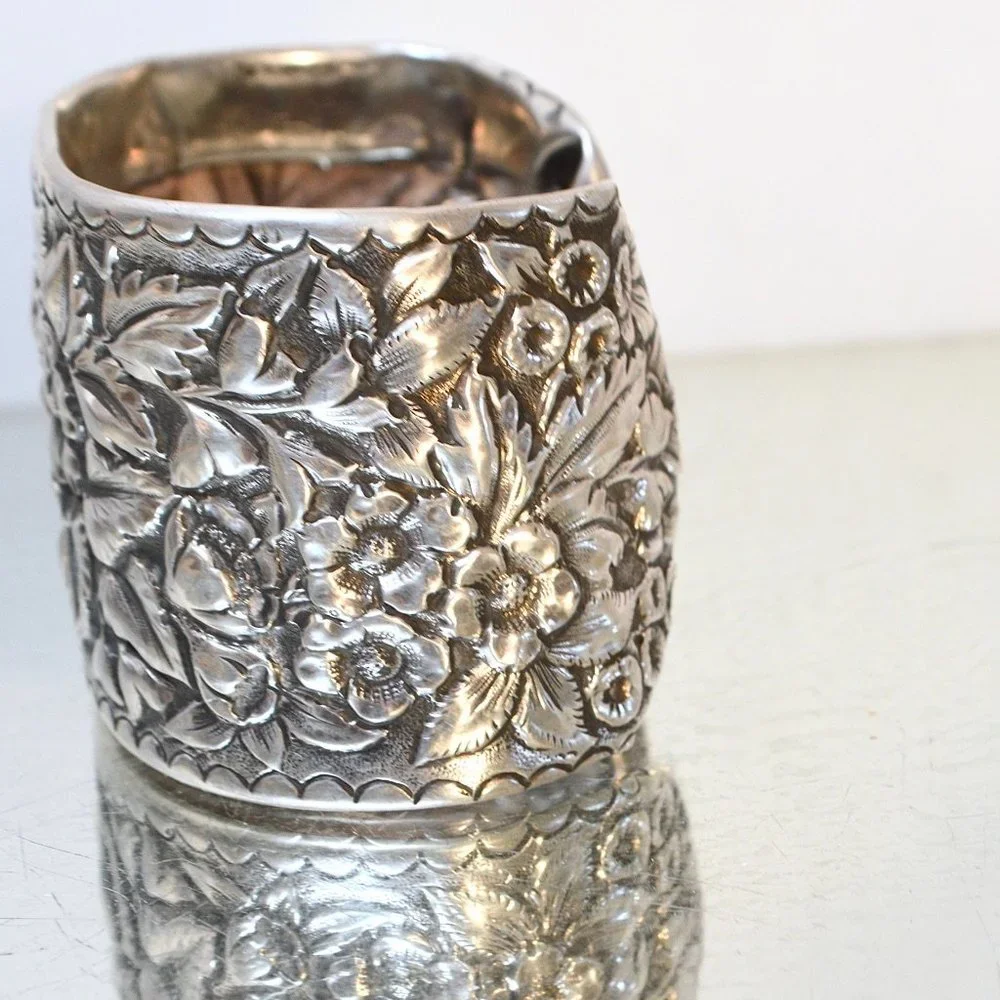 Art Nouveau Sterling Silver Floral Cuff Bracelet - Picture 11 of 12